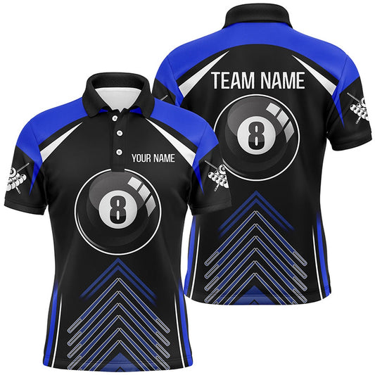 Billiard Polo Shirts, Personalized Blue Black Billiard 8 Ball Pool 3D Polo Shirts, Custom Name Billiard Jerseys, Billiards Team Shirts