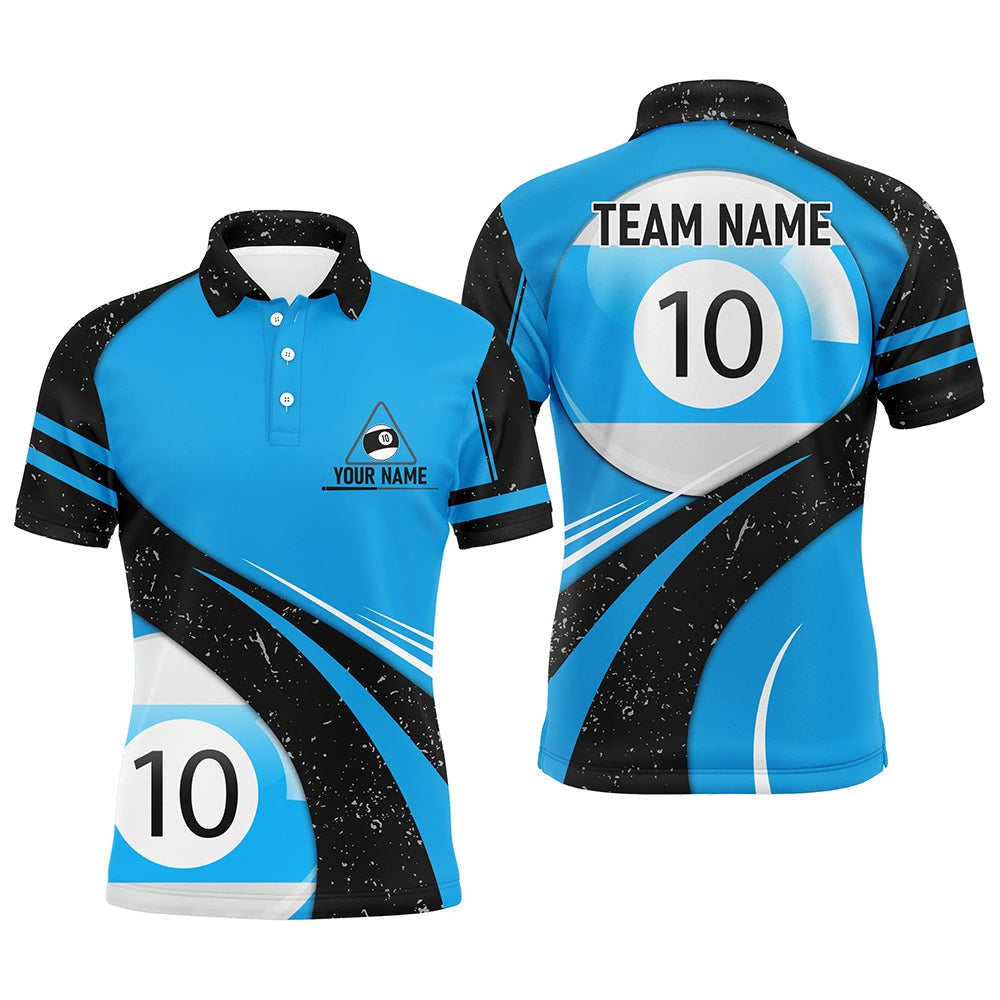 Billiard Polo Shirts, Personalized Blue Black Grunge 10 Ball Billiard 3D Polo Shirts, 10 Ball Pool Team Jerseys, Billiards Team Shirts