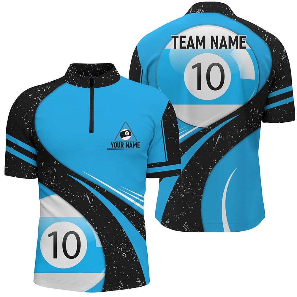 Billiard Polo Shirts, Personalized Blue Black Grunge 10 Ball Billiard 3D Polo Shirts, 10 Ball Pool Team Jerseys, Billiards Team Shirts