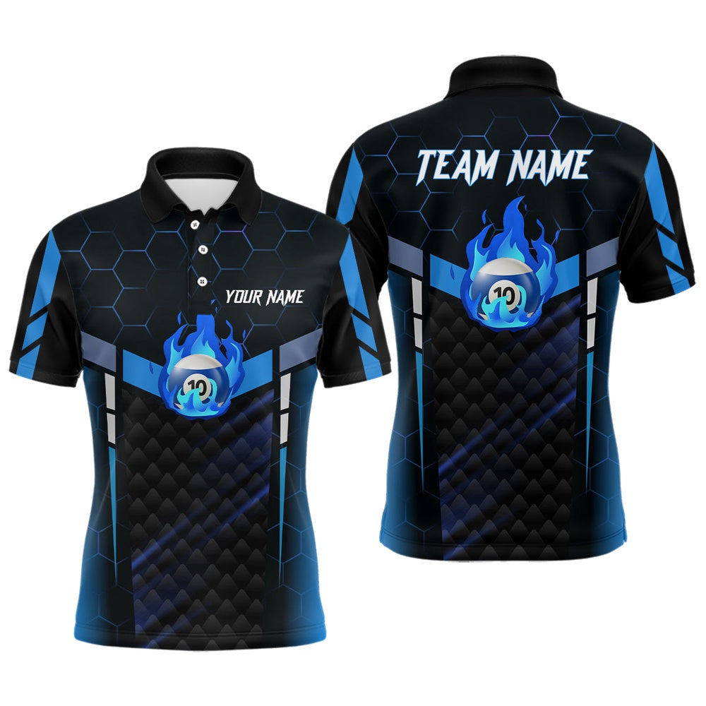 Billiard Polo Shirts, Personalized Blue Fire 10 Ball Billiard 3D Polo Shirts, Custom 10 Ball Pool Team Jerseys, Billiards Team Shirts