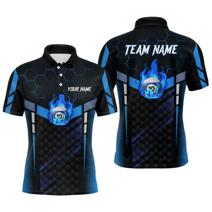 Billiard Polo Shirts, Personalized Blue Fire 10 Ball Billiard 3D Polo Shirts, Custom 10 Ball Pool Team Jerseys, Billiards Team Shirts