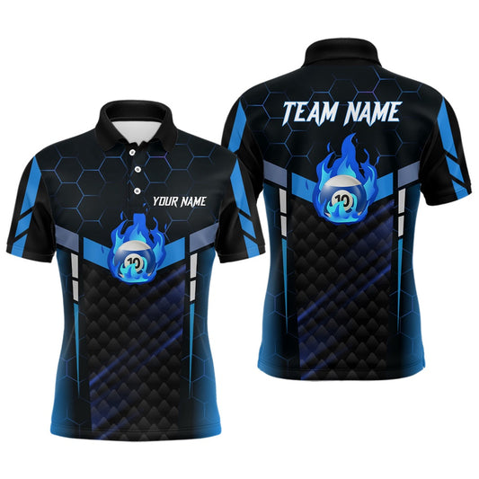 Billiard Polo Shirts, Personalized Blue Fire 10 Ball Billiard 3D Polo Shirts, Custom 10 Ball Pool Team Jerseys, Billiards Team Shirts