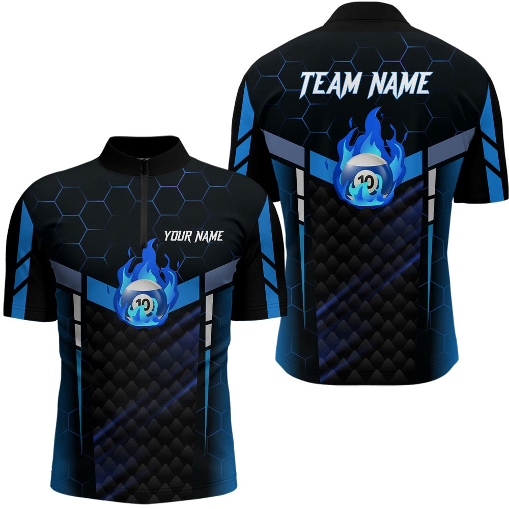 Billiard Polo Shirts, Personalized Blue Fire 10 Ball Billiard 3D Polo Shirts, Custom 10 Ball Pool Team Jerseys, Billiards Team Shirts