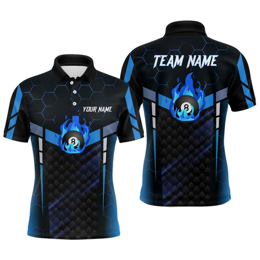 Billiard Polo Shirts, Personalized Blue Fire 8 Ball Billiard 3D Polo Shirts, Custom 8 Ball Pool Team Jerseys, Billiards Team Shirts