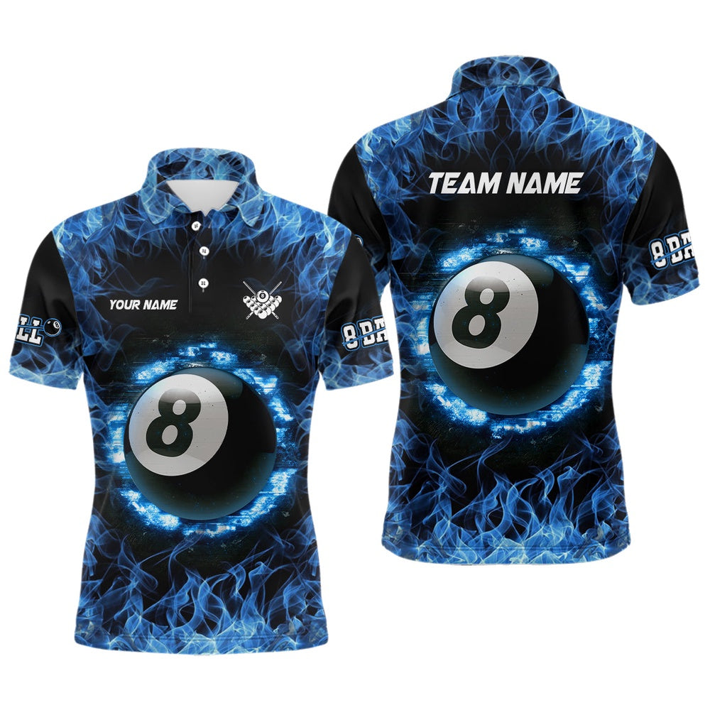 Billiard Polo Shirts, Personalized Blue Fire 8 Ball Pool Billiard 3D Polo Shirts, Custom Billiards Jerseys, Billiards Team Shirts