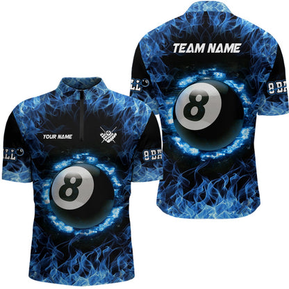 Billiard Polo Shirts, Personalized Blue Fire 8 Ball Pool Billiard 3D Polo Shirts, Custom Billiards Jerseys, Billiards Team Shirts