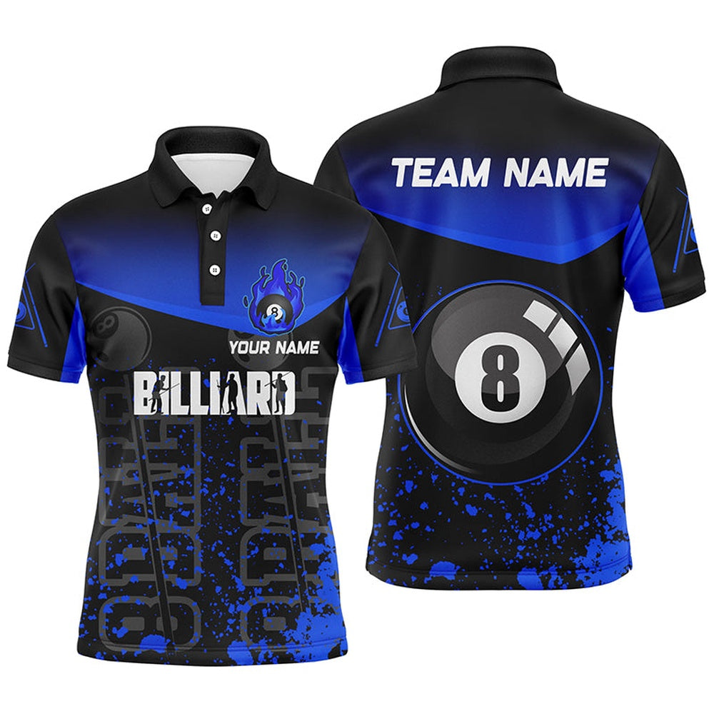 Billiard Polo Shirts, Personalized Blue Fire 8 Ball Pool Billiard Polo Shirts, Custom 8 Ball Billiard Team Shirts, Billiards Team Shirts