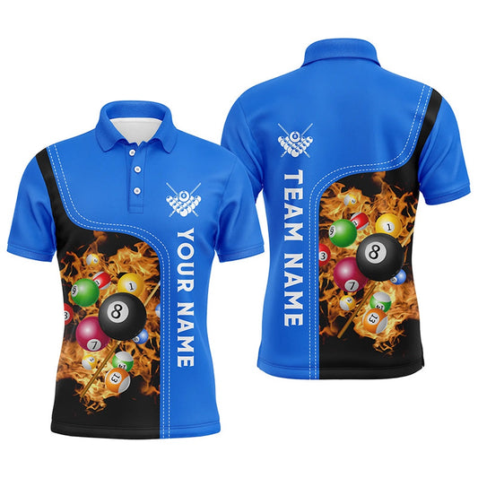 Billiard Polo Shirts, Personalized Blue Fire Pool Balls Billiard Polo Shirts, Custom 3D Billiard Team Jerseys, Billiards Team Shirts