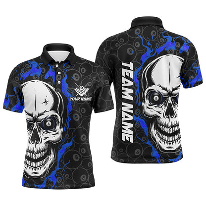 Billiard Polo Shirts, Personalized Blue Flame Skull Billiard Polo Shirts Custom Team Name Billiard Jerseys, Billiards Team Shirts