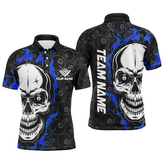 Billiard Polo Shirts, Personalized Blue Flame Skull Billiard Polo Shirts Custom Team Name Billiard Jerseys, Billiards Team Shirts