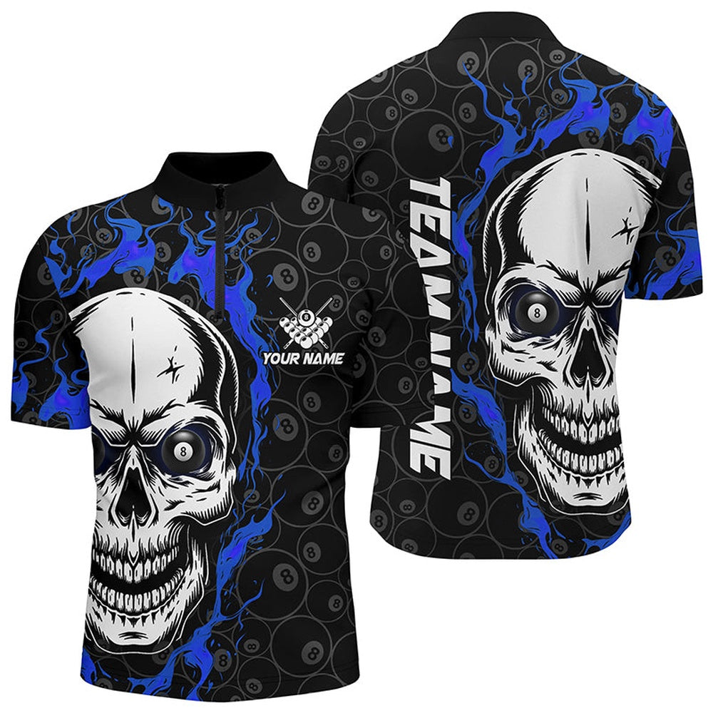 Billiard Polo Shirts, Personalized Blue Flame Skull Billiard Polo Shirts Custom Team Name Billiard Jerseys, Billiards Team Shirts