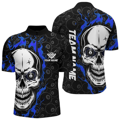 Billiard Polo Shirts, Personalized Blue Flame Skull Billiard Polo Shirts Custom Team Name Billiard Jerseys, Billiards Team Shirts