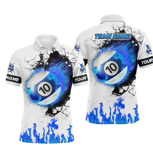 Billiard Polo Shirts, Personalized Blue Flaming 10 Ball Pool Billiard Polo Shirts, 10 Ball Billiard Apparel, Billiards Team Shirts