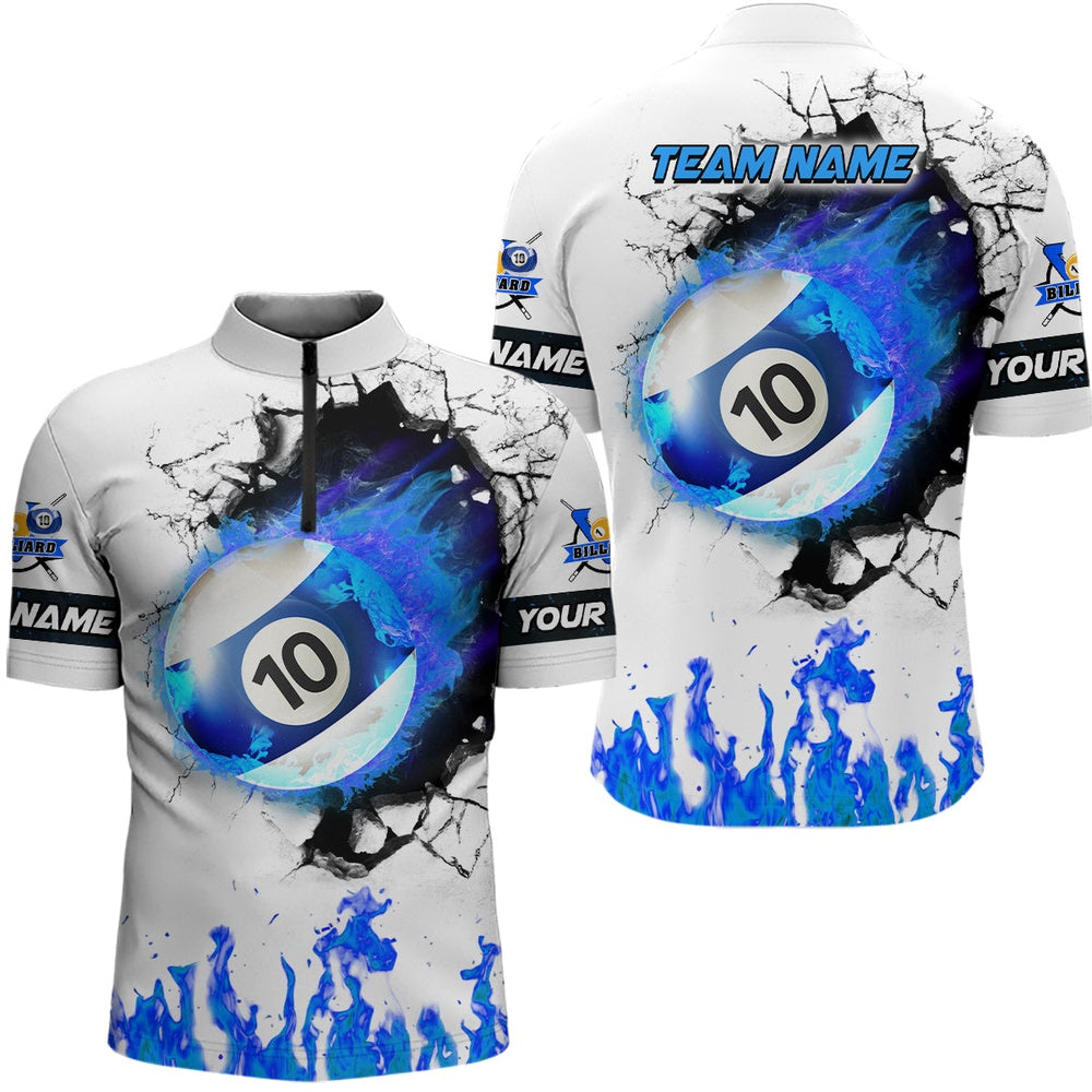 Billiard Polo Shirts, Personalized Blue Flaming 10 Ball Pool Billiard Polo Shirts, 10 Ball Billiard Apparel, Billiards Team Shirts