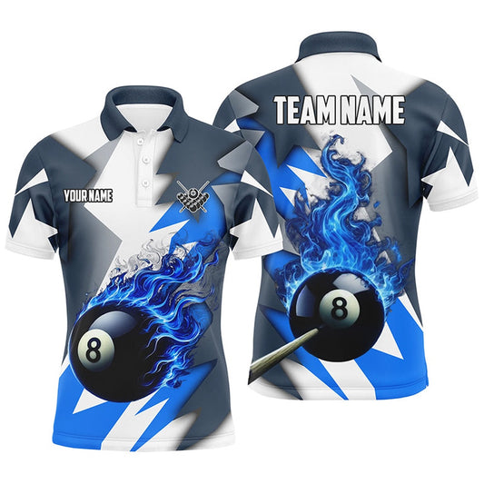 Billiard Polo Shirts, Personalized Blue Flaming 8 Ball Pool Jerseys Polo Shirts, Best Team League Billiard Shirts, Billiards Team Shirts