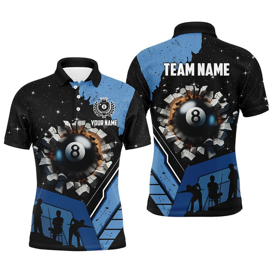 Billiard Polo Shirts, Personalized Blue Funny 8 Ball Pool Crack Polo Shirts Custom Team League Billiard Jersey, Billiards Team Shirts