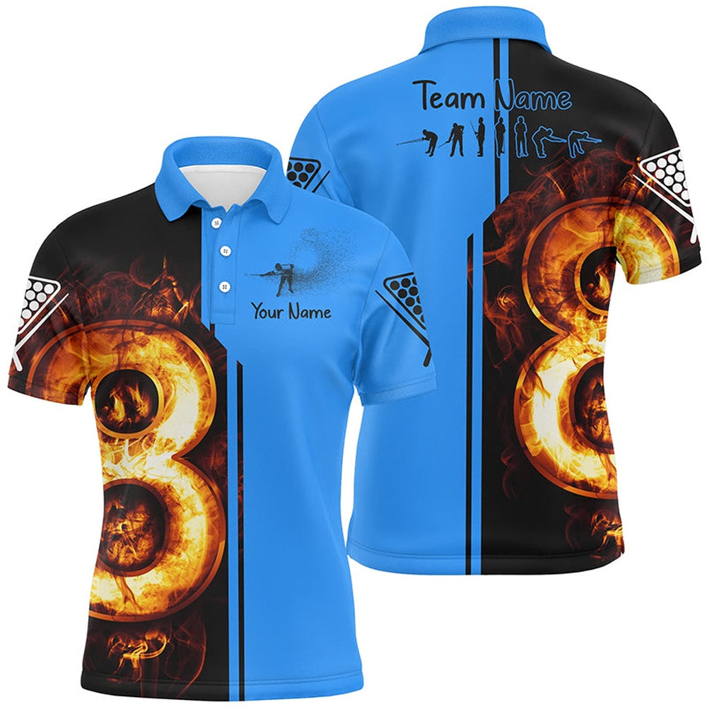 Billiard Polo Shirts, Personalized Blue Funny Pool Player 3D Fire Billiard Polo Shirts, 8 Ball Billiard Shirts, Billiards Team Shirts