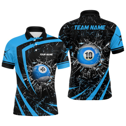Billiard Polo Shirts, Personalized Blue Glass Break 10 Ball Billiard 3D Polo Shirts, Billiards Team Shirts