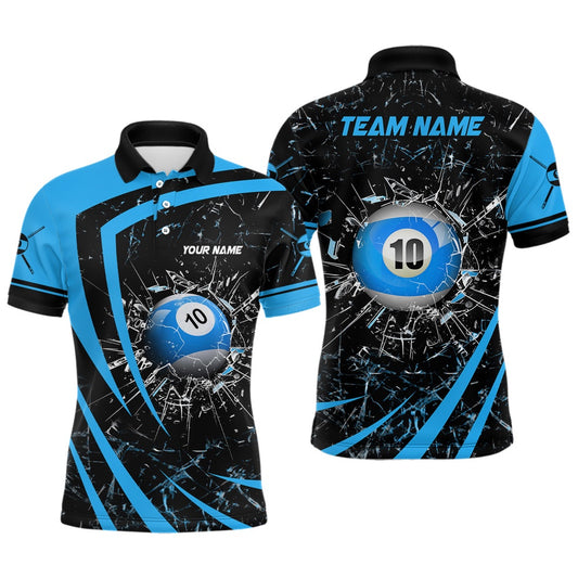 Billiard Polo Shirts, Personalized Blue Glass Break 10 Ball Billiard 3D Polo Shirts, Billiards Team Shirts