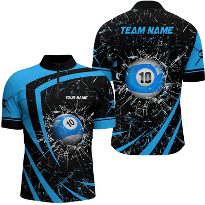 Billiard Polo Shirts, Personalized Blue Glass Break 10 Ball Billiard 3D Polo Shirts, Billiards Team Shirts