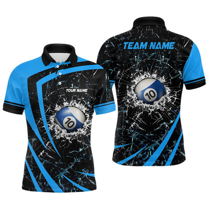 Billiard Polo Shirts, Personalized Blue Glass Break 10 Ball Billiard 3D Polo Shirts, Custom 10 Ball Pool Jerseys, Billiards Team Shirts