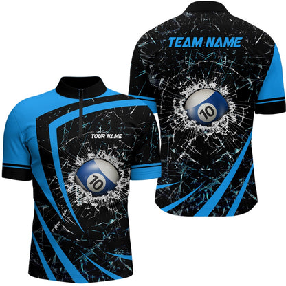 Billiard Polo Shirts, Personalized Blue Glass Break 10 Ball Billiard 3D Polo Shirts, Custom 10 Ball Pool Jerseys, Billiards Team Shirts