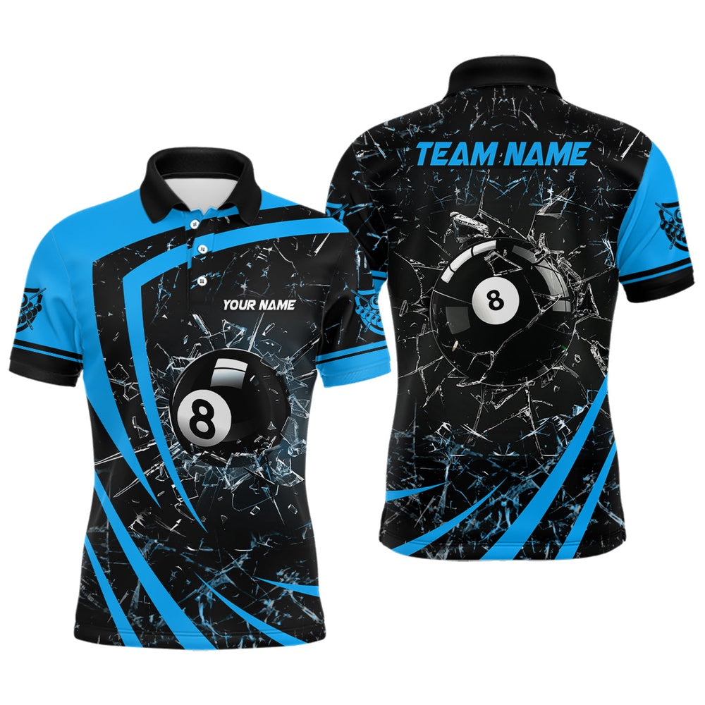 Billiard Polo Shirts, Personalized Blue Glass Break 8 Ball Billiard 3D Polo Shirts, Custom 8 Ball Pool Jerseys, Billiards Team Shirts