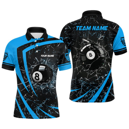 Billiard Polo Shirts, Personalized Blue Glass Break 8 Ball Billiard 3D Polo Shirts, Custom 8 Ball Pool Jerseys, Billiards Team Shirts