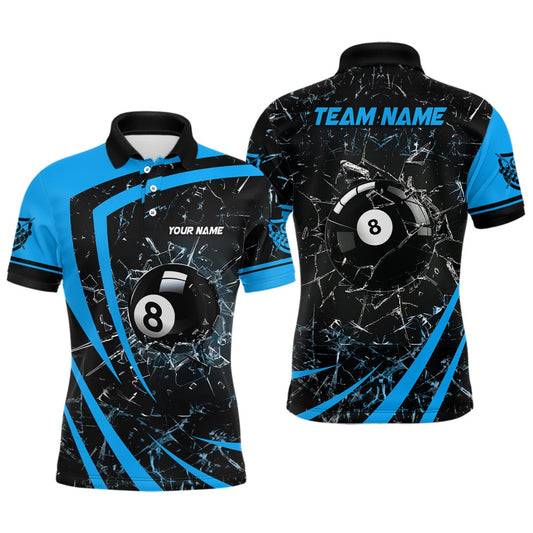 Billiard Polo Shirts, Personalized Blue Glass Break 8 Ball Billiard 3D Polo Shirts, Custom 8 Ball Pool Jerseys, Billiards Team Shirts