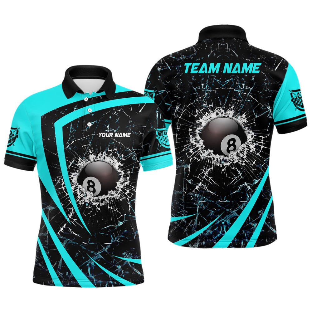 Billiard Polo Shirts, Personalized Blue Glass Break 8 Ball Billiard 3D Polo Shirts, Custom Billiard Jerseys, Billiards Team Shirts