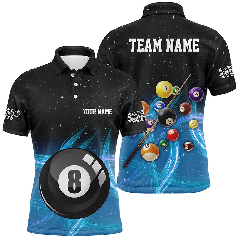 Billiard Polo Shirts, Personalized Blue Gradient 8 Ball Billiard 3D Polo Shirts, Custom 8 Ball Pool Team Jerseys, Billiards Team Shirts