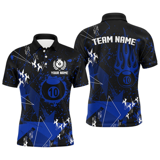 Billiard Polo Shirts, Personalized Blue Grunge 10 Ball Billiard Polo Shirts, Custom Billiard Jersey For Pool Player, Billiards Team Shirts