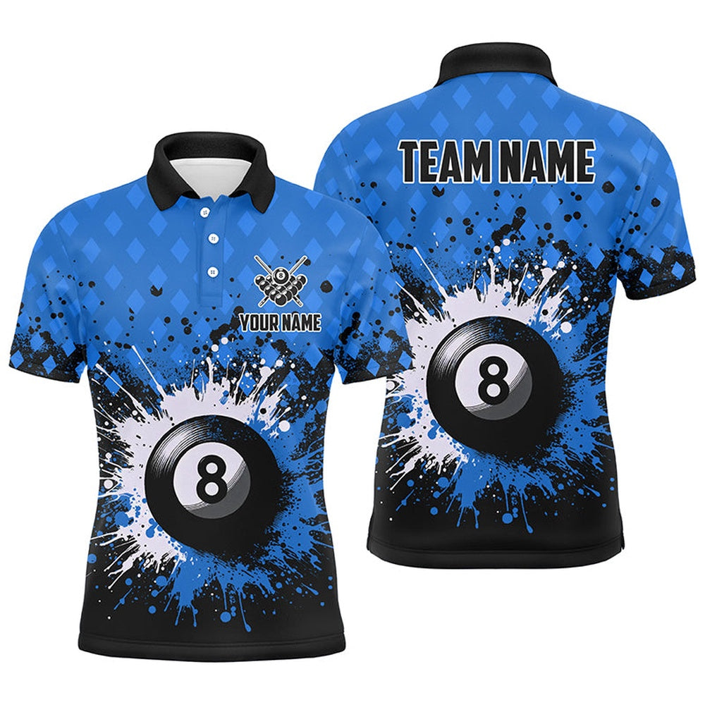 Billiard Polo Shirts, Personalized Blue Grunge 8 Ball Pool Billiards Polo Shirts Custom Billiard Team Jerseys Uniform, Billiards Team Shirts