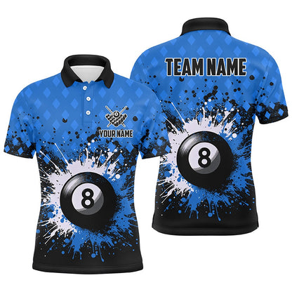 Billiard Polo Shirts, Personalized Blue Grunge 8 Ball Pool Billiards Polo Shirts Custom Billiard Team Jerseys Uniform, Billiards Team Shirts