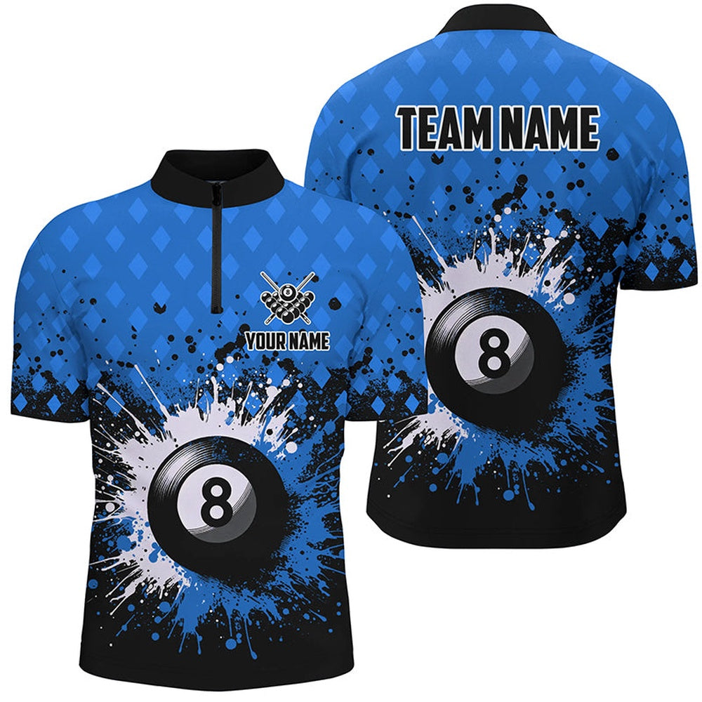Billiard Polo Shirts, Personalized Blue Grunge 8 Ball Pool Billiards Polo Shirts Custom Billiard Team Jerseys Uniform, Billiards Team Shirts