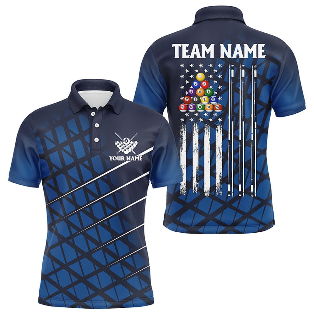Billiard Polo Shirts, Personalized Blue Grunge American Flag Billiard Polo Shirts Custom Pool Player Jersey Shirts, Billiards Team Shirts