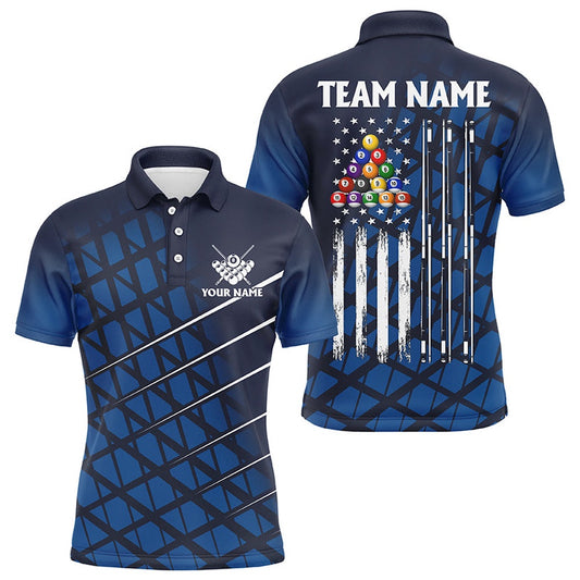Billiard Polo Shirts, Personalized Blue Grunge American Flag Billiard Polo Shirts Custom Pool Player Jersey Shirts, Billiards Team Shirts