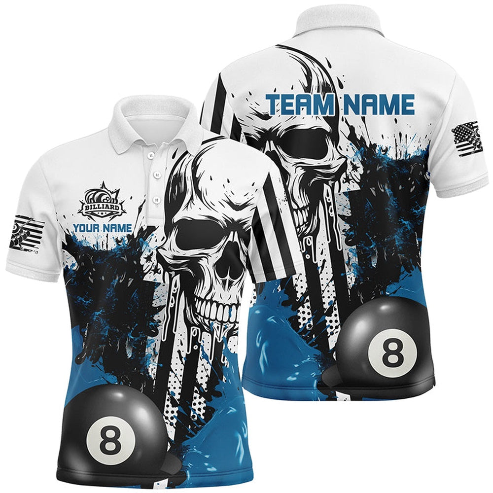 Billiard Polo Shirts, Personalized Blue Grunge Skull Billiards Shirts Custom Retro Billiard Team Jerseys Attire, Billiards Team Shirts