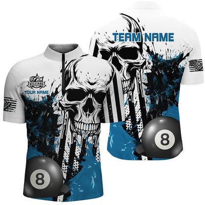 Billiard Polo Shirts, Personalized Blue Grunge Skull Billiards Shirts Custom Retro Billiard Team Jerseys Attire, Billiards Team Shirts