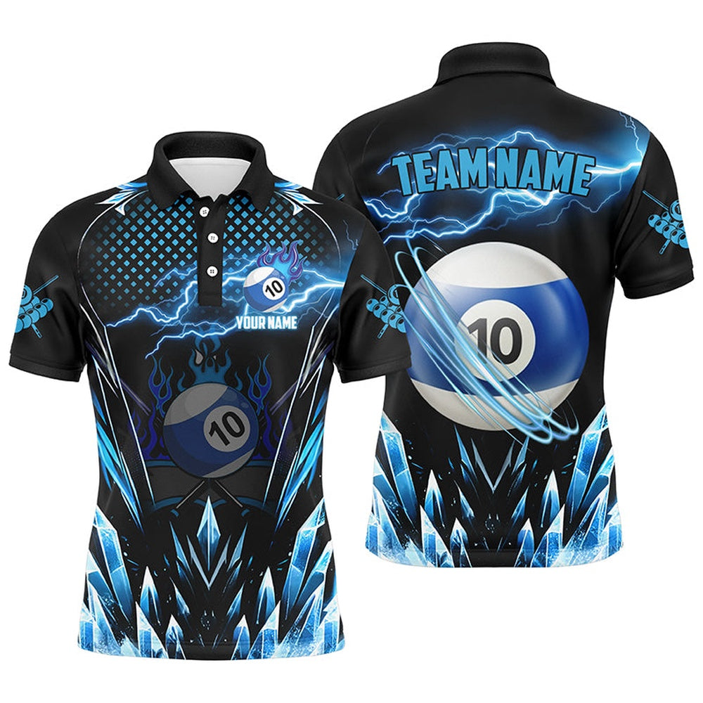 Billiard Polo Shirts, Personalized Blue Icy Lightning 10 Ball Pool Polo Shirts Custom Billiard Team League Jersey, Billiards Team Shirts
