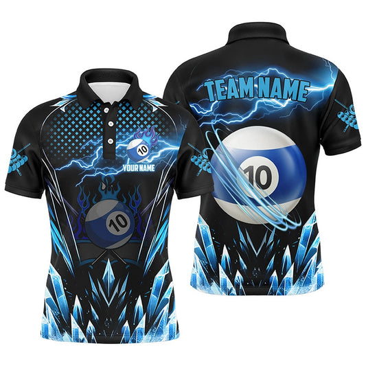Billiard Polo Shirts, Personalized Blue Icy Lightning 10 Ball Pool Polo Shirts Custom Billiard Team League Jersey, Billiards Team Shirts