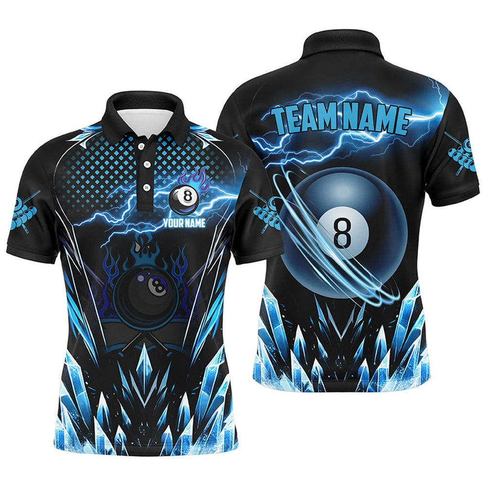 Billiard Polo Shirts, Personalized Blue Icy Lightning 8 Ball Pool Polo Shirts Custom Billiard Team League Jersey, Billiards Team Shirts