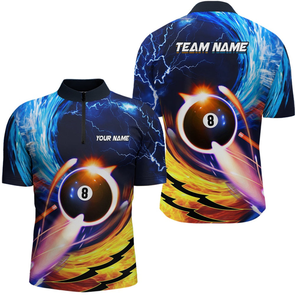 Billiard Polo Shirts, Personalized Blue Orange 8 Ball Billiard Polo Shirts Custom Billiard Uniform, Billiards Team Shirts