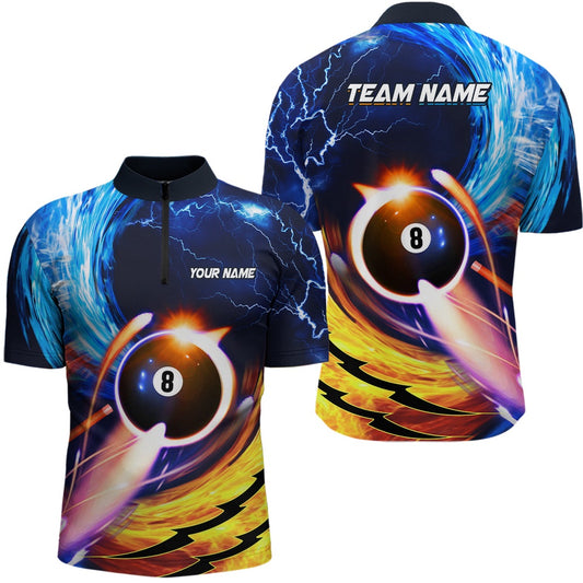 Billiard Polo Shirts, Personalized Blue Orange 8 Ball Billiard Polo Shirts Custom Billiard Uniform, Billiards Team Shirts