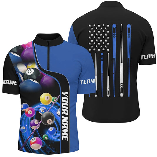 Billiard Polo Shirts, Personalized Blue Pool Balls 3D Polo Shirts, Custom US Flag Stick Billiard Jerseys, Billiards Team Shirts