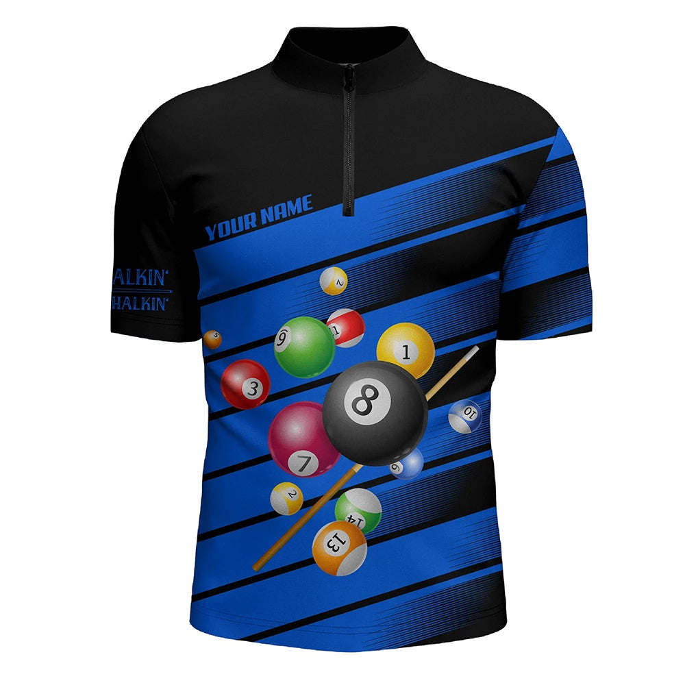 Billiard Polo Shirts, Personalized Blue Pool Balls Polo Shirts, Less Talkin More Chalkin Billiard Jerseys, Billiards Team Shirts