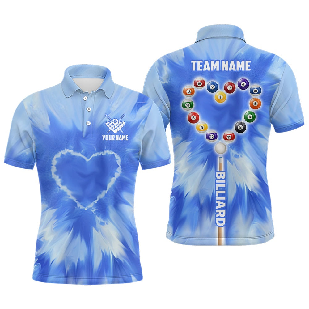 Billiard Polo Shirts, Personalized Blue Tie Dye With Heart Billiard Polo Shirts Custom Unique Billiard Shirts Gifts, Billiards Team Shirts