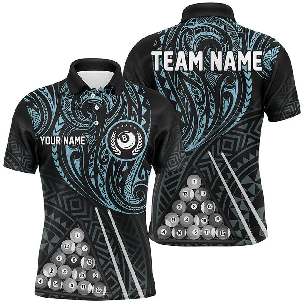 Billiard Polo Shirts, Personalized Blue Tribal 8 Ball Billiard 3D Polo Shirts, Custom Name Billiard Jerseys, Billiards Team Shirts