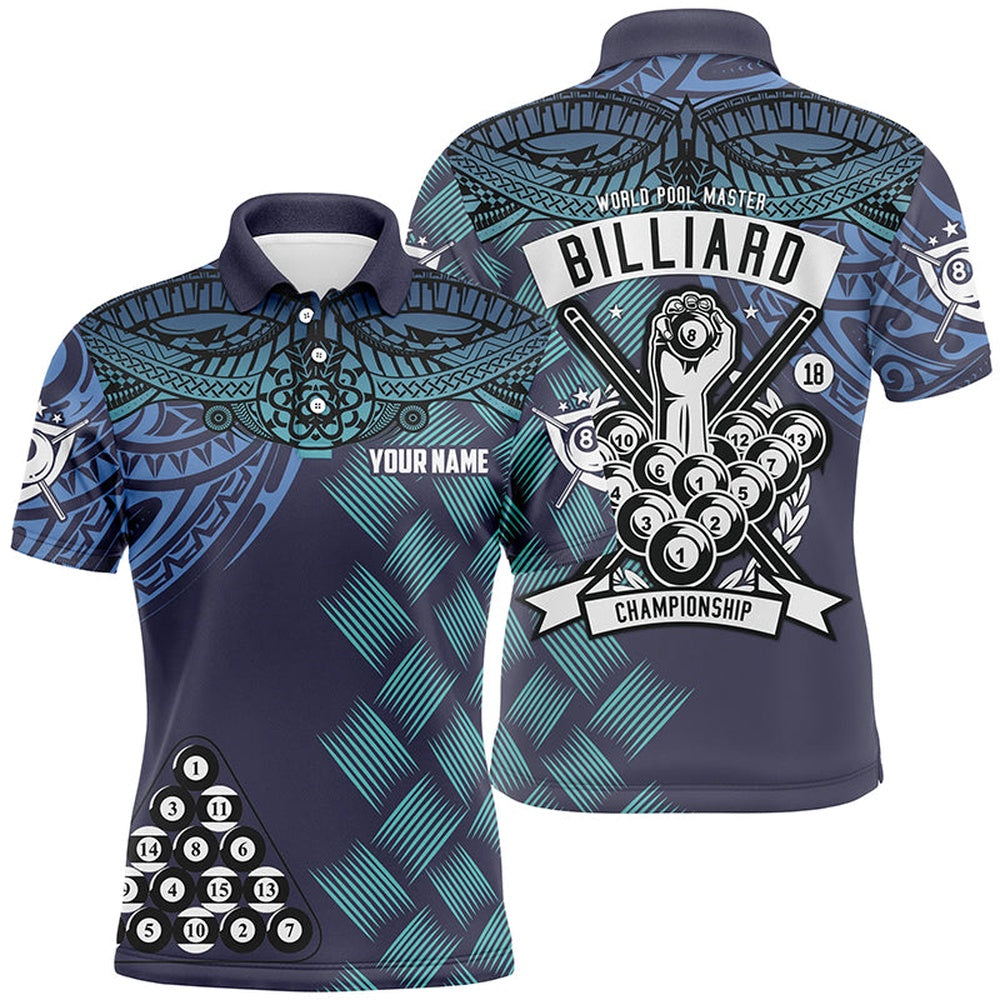 Billiard Polo Shirts, Personalized Blue Tribal Pattern Billiard Championship 3D Polo Shirts, 8 Ball Pool Jerseys, Billiards Team Shirts