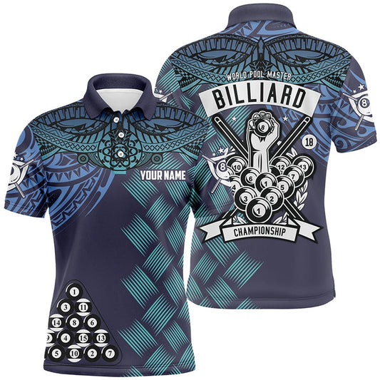 Billiard Polo Shirts, Personalized Blue Tribal Pattern Billiard Championship 3D Polo Shirts, 8 Ball Pool Jerseys, Billiards Team Shirts